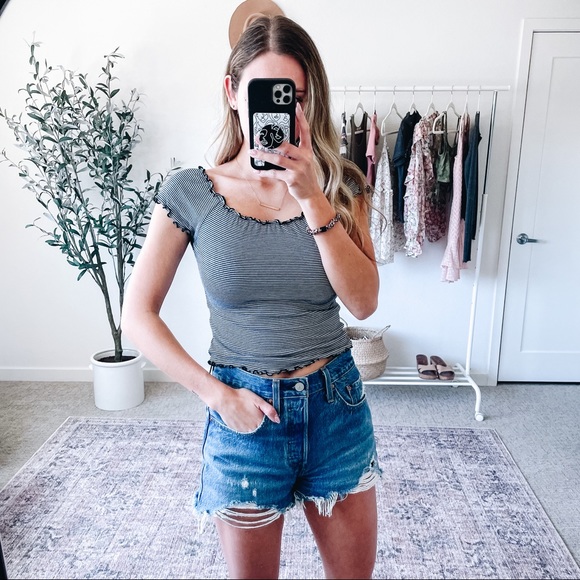 Forever 21 Tops Forever 2 Bw Striped Lettuce Hem Crop Top Poshmark